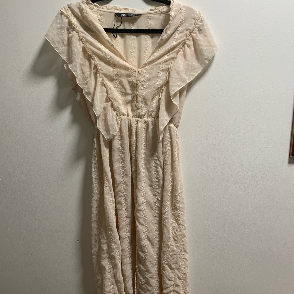 ZARA IVORY LACEY FLOATY FRILL BOHO MIDI DRESS| SIZE: M